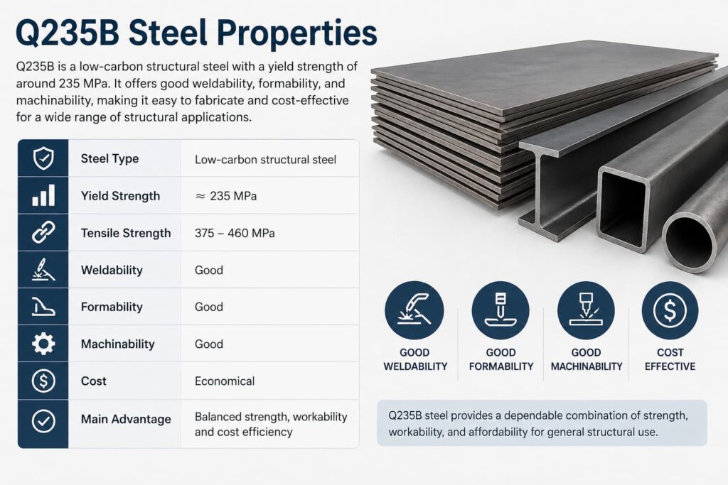 Q235B steel properties infographic showing yield strength, weldability, machinability, and comparison of structural steel characteristics
