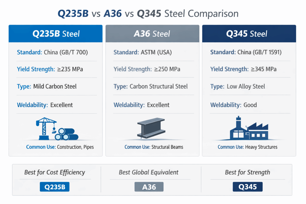 Q235B vs A36 vs Q345 steel comparison chart including strength, composition and applications