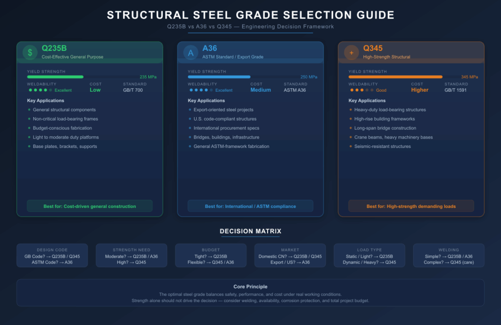 Horizontal infographic comparing three structural steel grades — Q235B, A36, and Q345 — across yield strength, weldability, cost, applicable standards, and typical applications, with a six-factor decision matrix at the bottom.