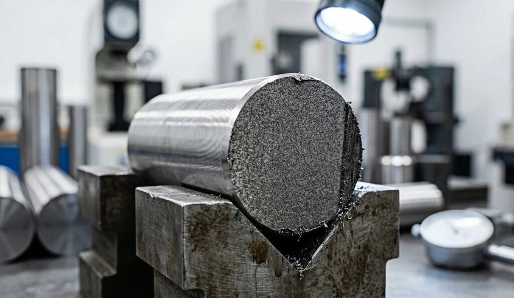 Cross-section of a GCr15SiMn bearing steel round bar on a V-block for quality inspection, showing uniform grain structure and high-purity metallurgical quality.