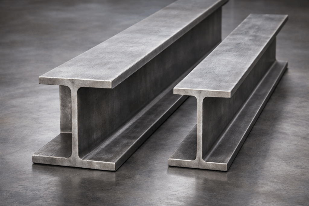 H-beam vs I-beam steel comparison showing structural differences in flange width and web thickness