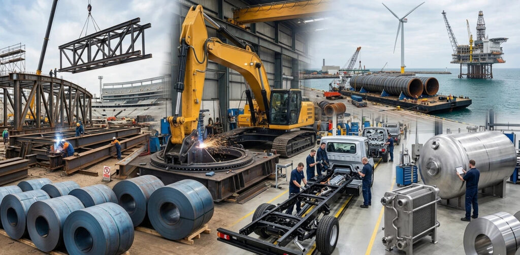 A comprehensive industrial visualization showing hot rolled steel coils used in bridge construction, heavy excavator fabrication, truck chassis assembly, offshore oil pipelines, and stainless steel pressure vessels.