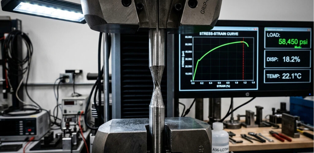 A polished ASTM A36 steel specimen undergoing destructive tensile testing in a metallurgical laboratory, showing severe necking deformation with a digital stress-strain curve monitor in the background displaying 58,450 psi.