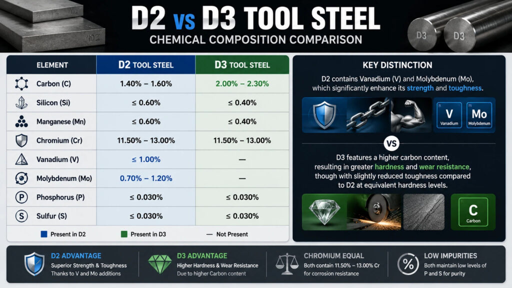 Infographic comparing the chemical composition of D2 and D3 tool steel, highlighting differences in carbon, vanadium, molybdenum, hardness, toughness, and wear resistance.