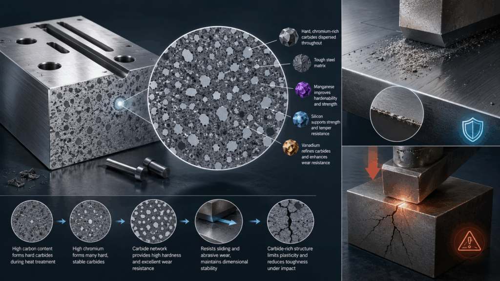 D3 Tool Steel composition showing carbon chromium carbide structure and wear resistance behavior
