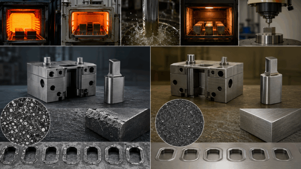 D3 Tool Steel heat treatment process showing hardness, wear resistance, and toughness balance