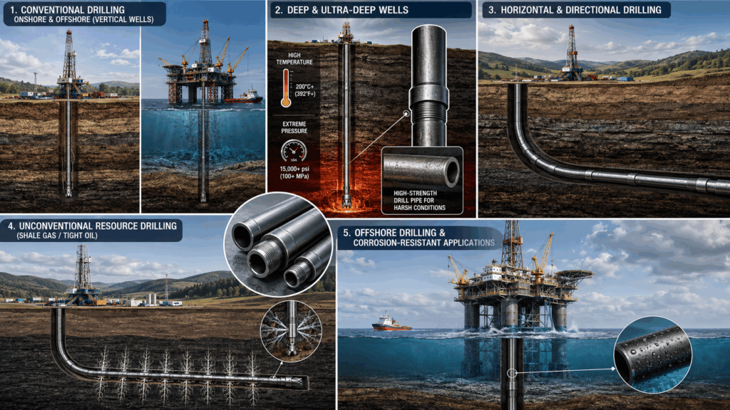 Drill Pipe applications in conventional drilling, deep wells, horizontal drilling, shale gas, and offshore drilling