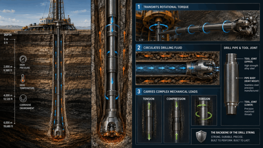 Drill Pipe infographic showing torque transmission, drilling fluid circulation, tool joints, and downhole mechanical loads