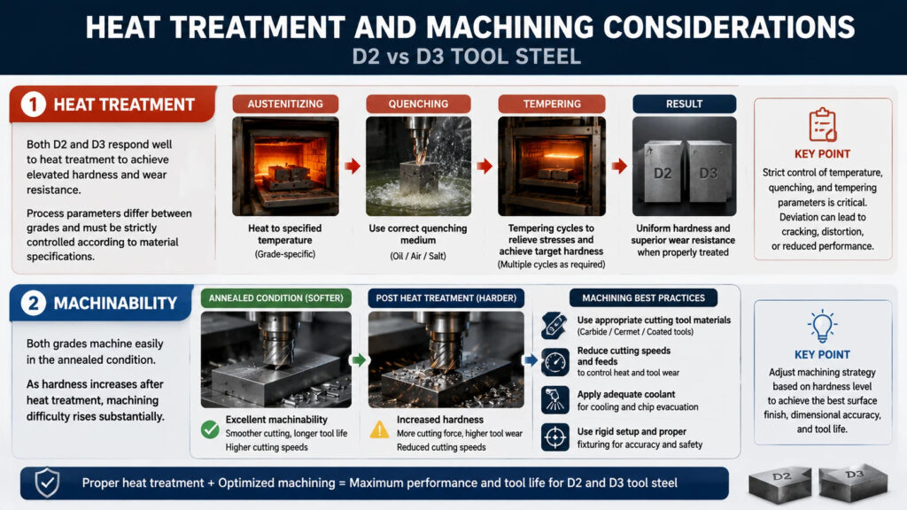 Infographic explaining heat treatment and machining considerations for D2 and D3 tool steel, including austenitizing, quenching, tempering, machinability, and cutting best practices.