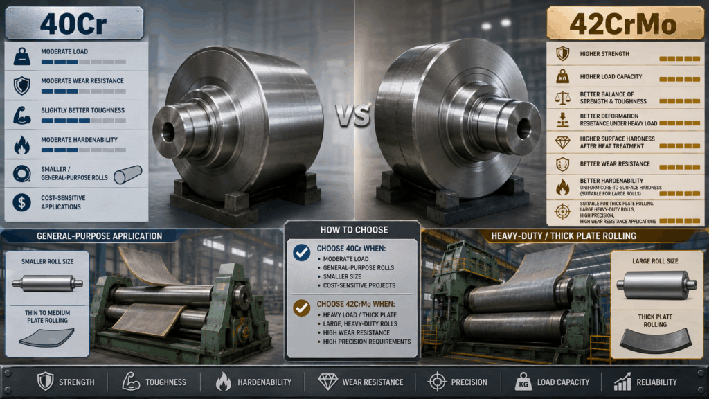 Plate Rolling Machine Rolls material comparison showing 40Cr vs 42CrMo in strength, wear resistance, hardenability, and application scenarios