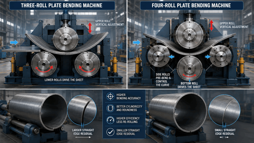 Plate Rolling Machine Rolls comparison showing three-roll and four-roll plate bending machine structures and sheet forming differences
