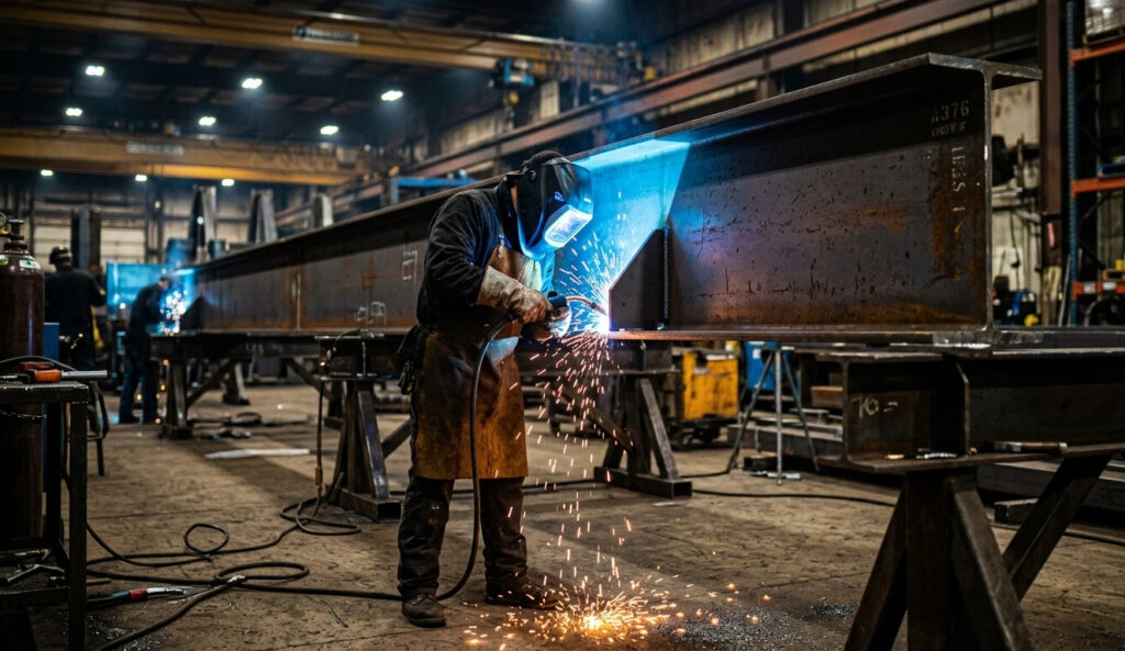 A professional welder performing arc welding on a large ASTM A36 structural steel beam in a modern fabrication facility, with blue arc light and sparks.
