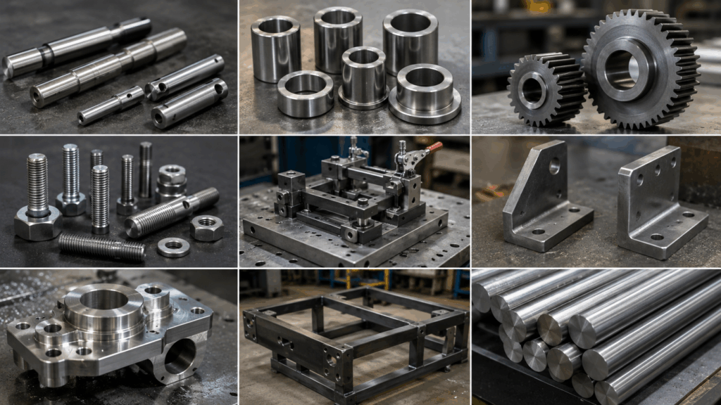 Common applications for 1018 steel collage showing shafts, pins, bushings, gears, fasteners, fixtures, brackets, CNC-machined parts, structural frames, and cold-drawn bars
