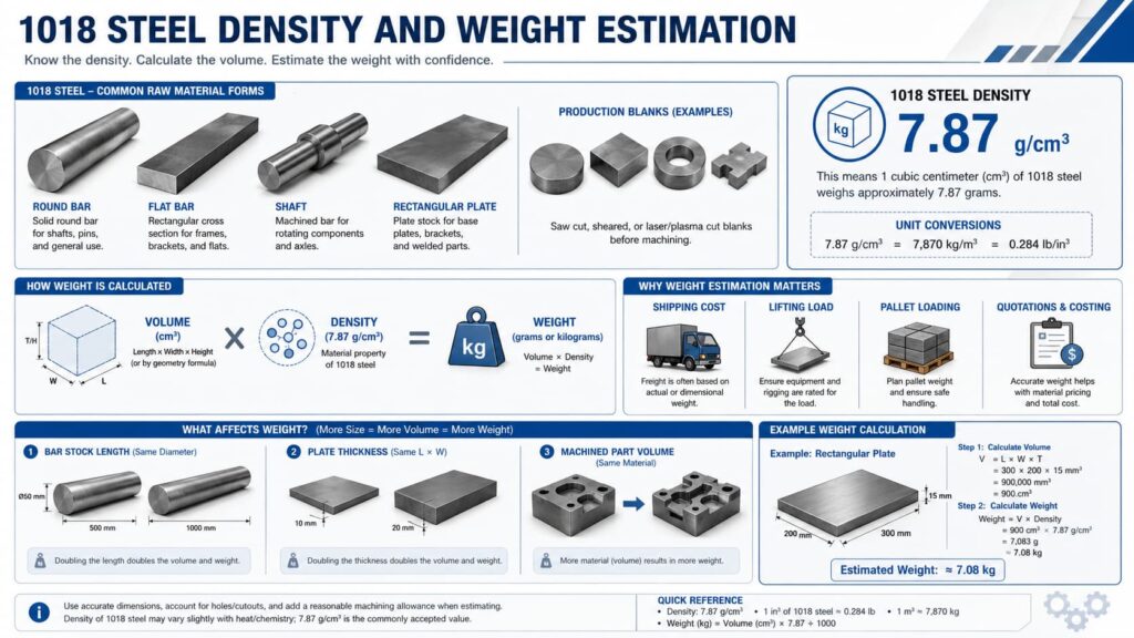 1018 steel density and weight estimation infographic showing round bars, flat bars, shafts, and plates with callouts explaining how density (7.87 g/cm³) is used to calculate part weight, shipping cost, and lifting loads