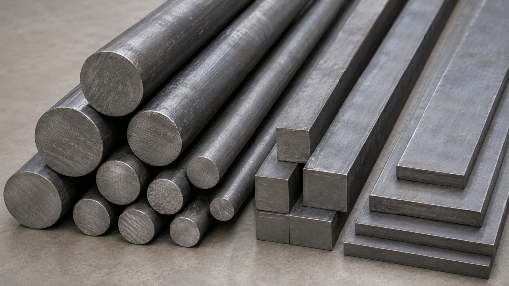 Neatly arranged 1018 steel raw materials including round bars, flat bars, and square bars showing cut ends and cold-drawn finish, emphasizing material stock presentation for mechanical and structural applications