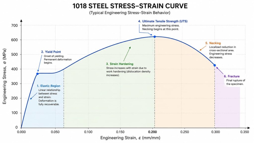 1018 steel stress strain curve showing elastic region, yield point, strain hardening, ultimate tensile strength, necking, and fracture behavior