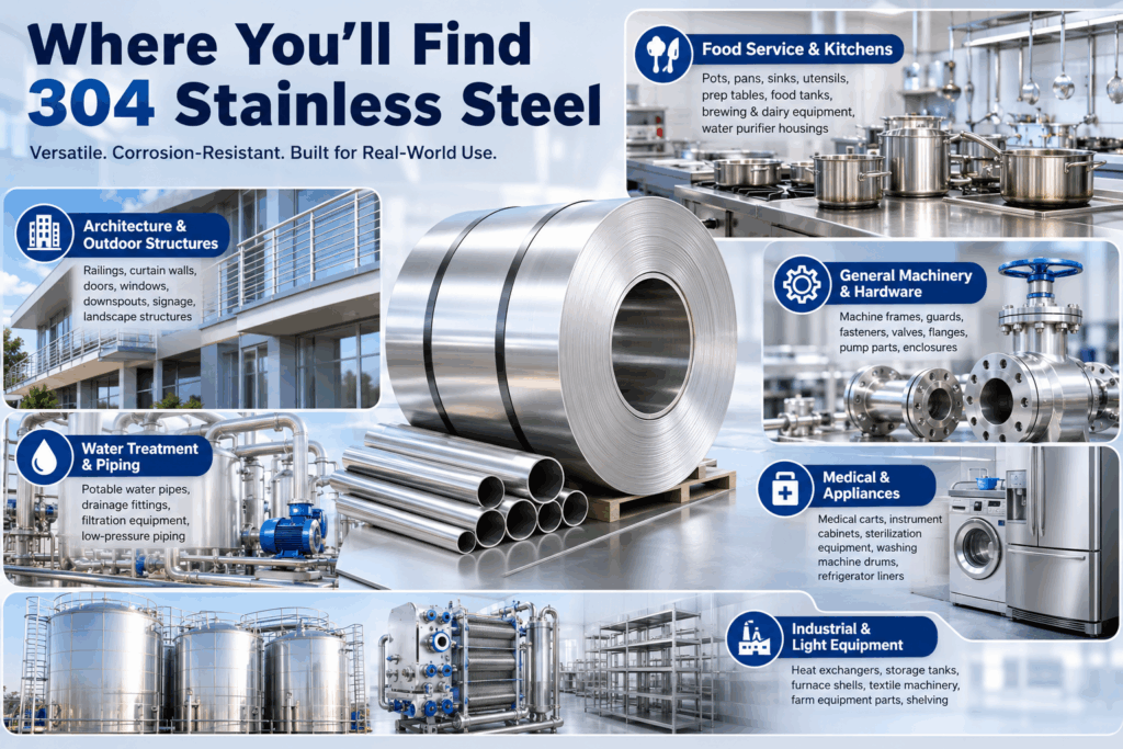Infographic detailing 304 stainless steel applications in food service, architecture, water treatment, general machinery, medical equipment, and industrial light equipment.