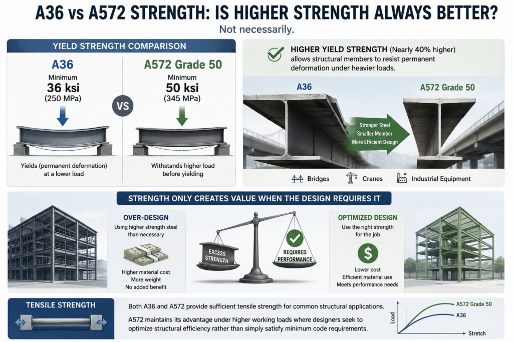 A36 vs A572 steel comparison showing yield strength difference, structural applications, and design efficiency in engineering