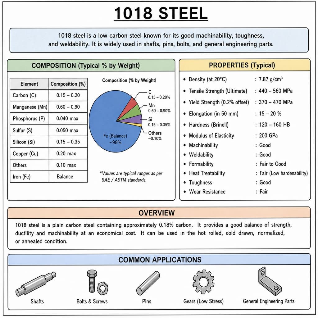 A technical specifications chart for 1018 steel, detailing its chemical composition (carbon 0.15-0.20%), mechanical properties, overview, and common applications such as shafts, bolts, pins, and gears.