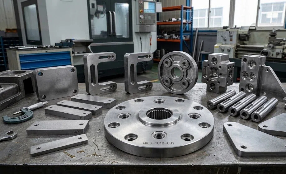 A variety of custom mechanical parts precision-machined from 1018 steel plate, including heavy-duty flanges, pins, and mounting blocks, displayed on a CNC workshop workbench.