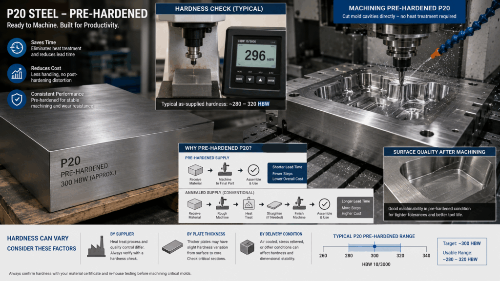 P20 steel hardness and pre-hardened condition guide showing typical 300 HBW hardness, machinability, and mold machining process