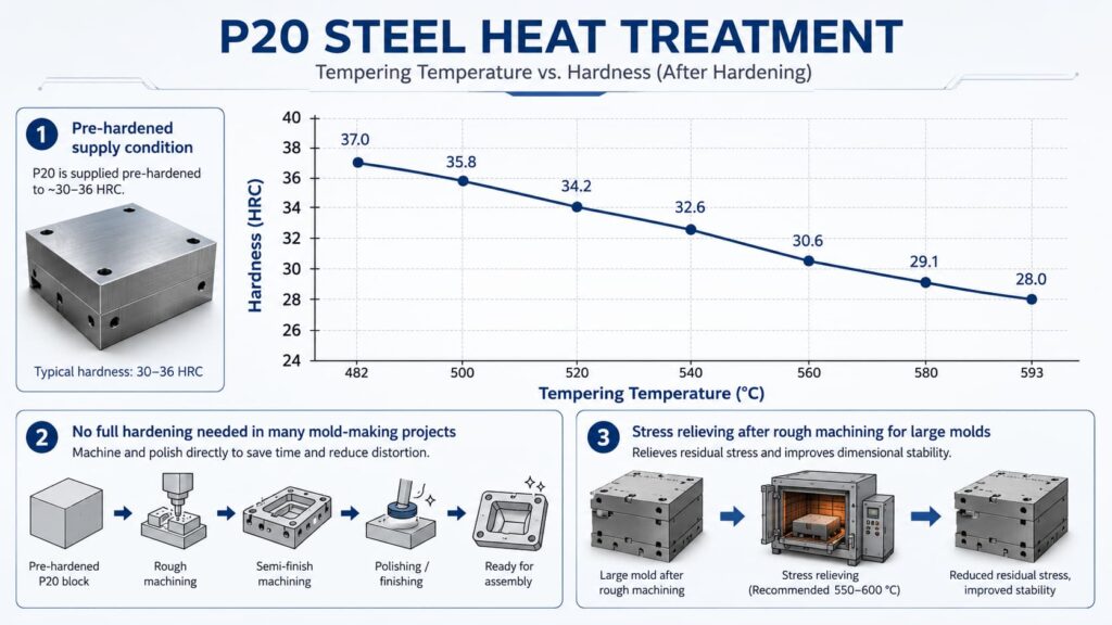 P20 steel heat treatment infographic showing tempering temperature vs hardness curve, pre-hardened condition, and stress relieving process for mold making