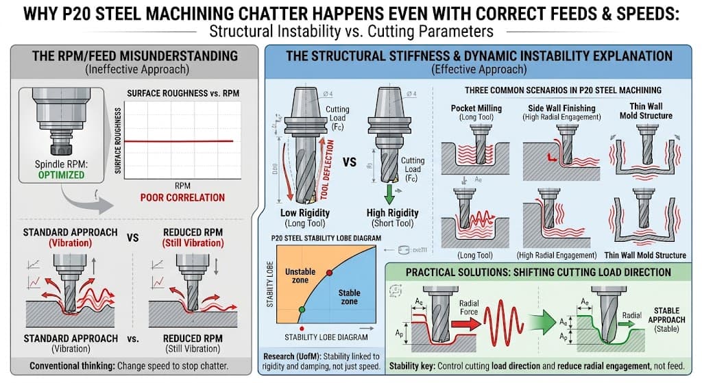 Technical diagram explaining why P20 steel CNC machining experiences chatter despite correct feeds and speeds. It illustrates how tool overhang, radial engagement, and structural stiffness, rather than spindle RPM, dictate stability during milling.