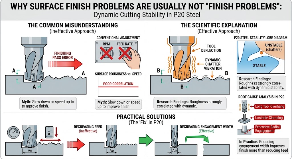 A technical comparison diagram explaining why P20 tool steel surface finish problems are caused by dynamic chatter vibration and tool deflection, not just feed rate or RPM. It contrasts the ineffective approach of adjusting speeds with the effective solution of reducing radial engagement width (Ae) to improve cutting stability and finish quality.