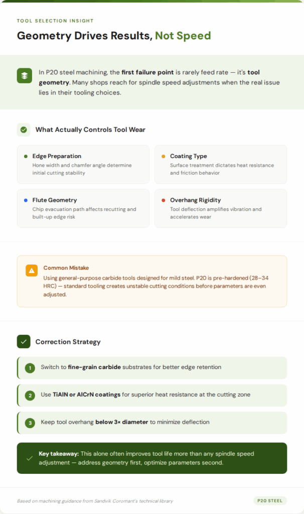 P20 steel machining tool selection infographic showing four key factors affecting tool wear: edge preparation, coating type, flute geometry, and overhang rigidity, with a three-step correction strategy using fine-grain carbide, TiAlN or AlCrN coatings, and reduced tool overhang