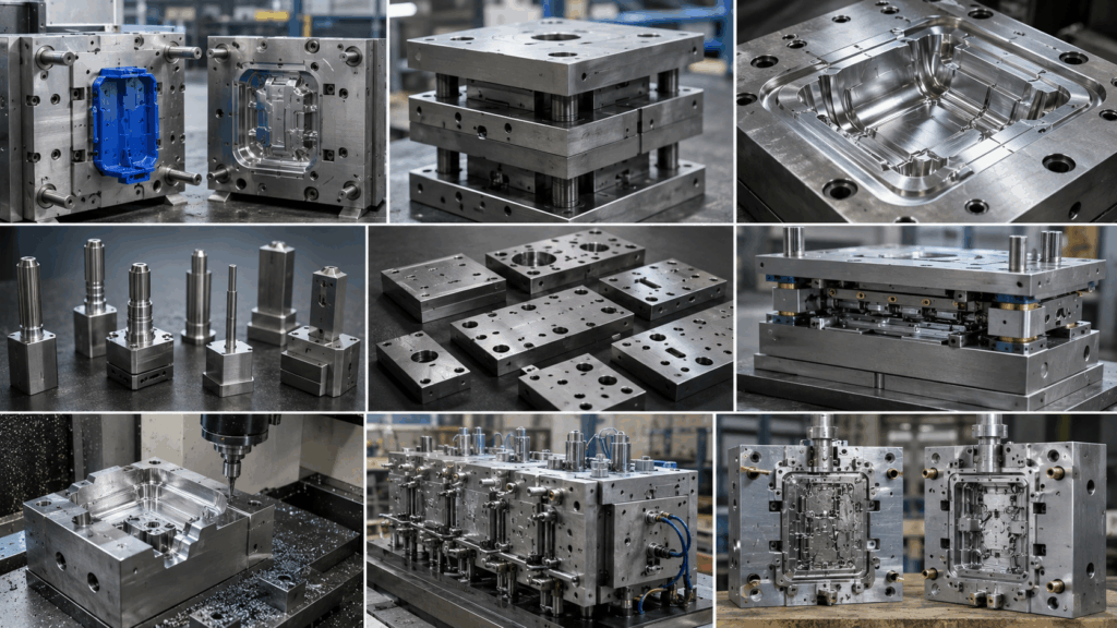 P20 steel applications collage showing plastic injection molds, mold bases, mold cavities, mold cores, tooling plates, die holders, prototype molds, and zinc die casting dies