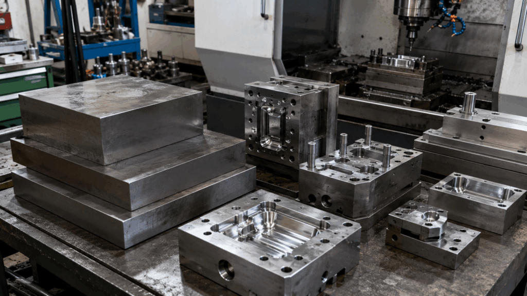 P20 steel plates and machined plastic injection mold cavities in a professional mold making workshop