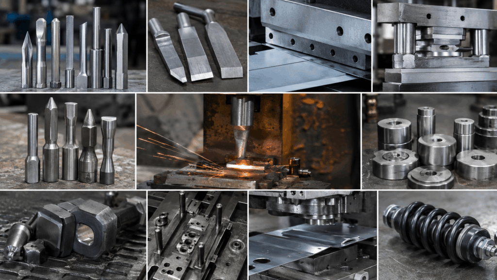 Professional collage showing common applications of S7 tool steel, including punches, chisels, shear blades, forming dies, rivet sets, cold work dies, stamping tools, and shock-loaded tooling