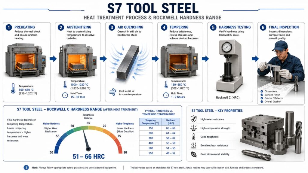 S7 tool steel heat treatment infographic showing preheating, austenitizing, air quenching, tempering, Rockwell hardness testing, final inspection, and hardness range after heat treatment