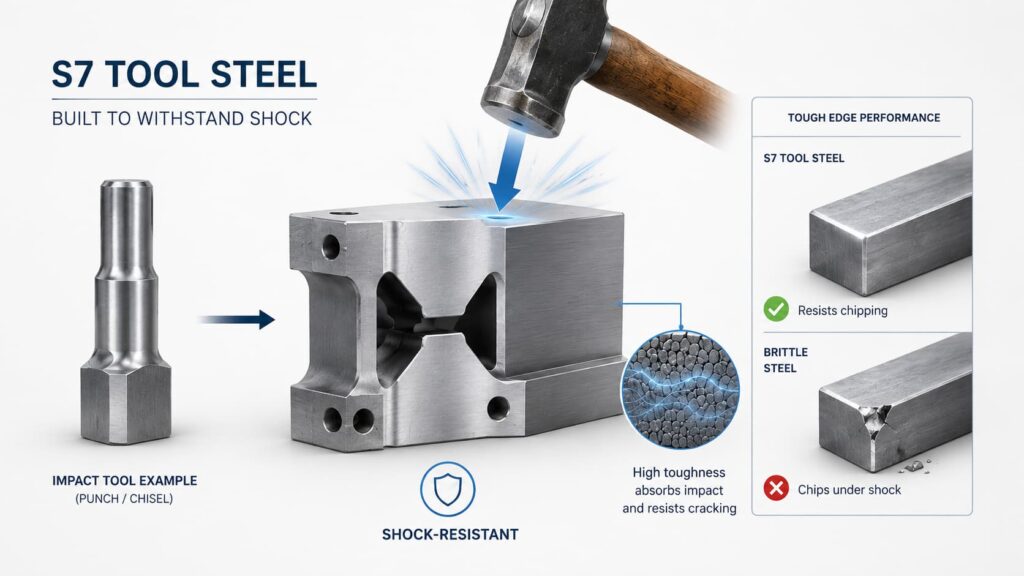 S7 tool steel shock resistance diagram showing an impact tool resisting hammer shock and reducing chipping compared with brittle steel