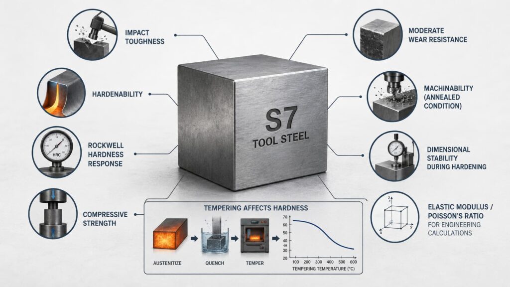 S7 tool steel properties infographic showing impact toughness, hardenability, Rockwell hardness response, compressive strength, moderate wear resistance, machinability, dimensional stability, elastic modulus, and Poisson’s ratio