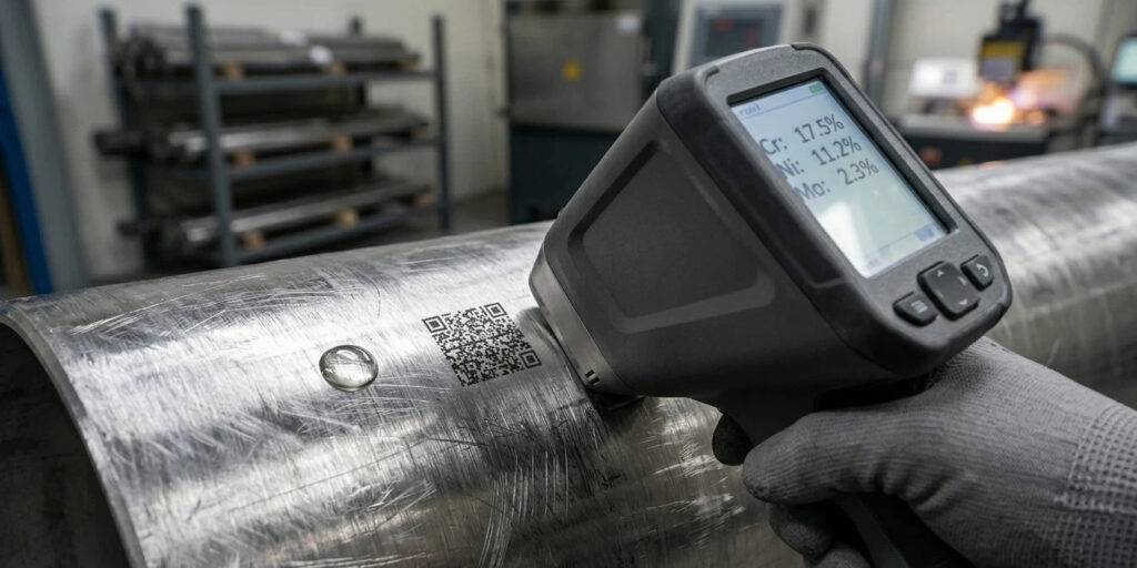 A handheld XRF spectrometer displaying the chemical composition (Cr 17.5%, Ni 11.2%, Mo 2.3%) during a PMI test on a 316 stainless steel industrial pipe.