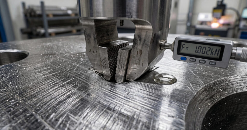 Technical macro photography of a 316 stainless steel plate specimen undergoing a tensile strength test in a universal testing machine (UTM).