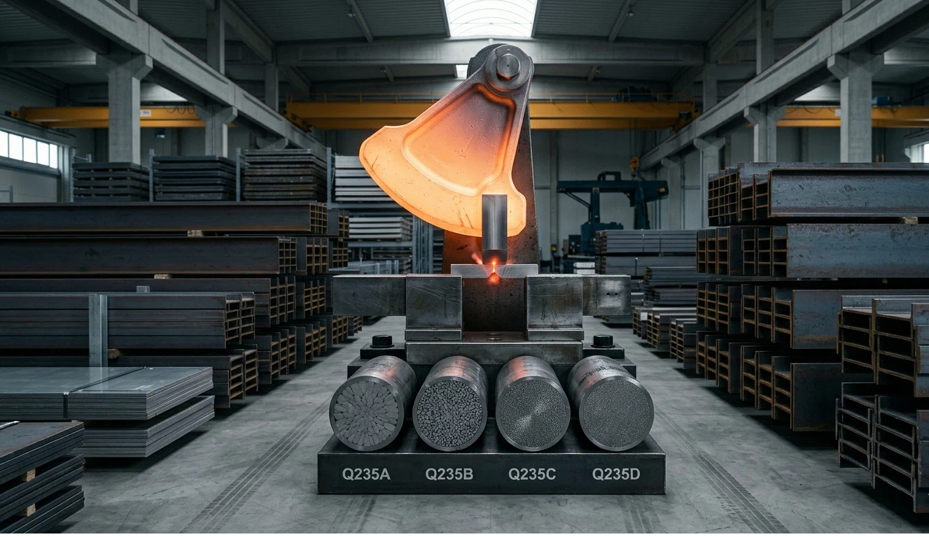 Q235 steel profiles and plates stored in a professional industrial warehouse