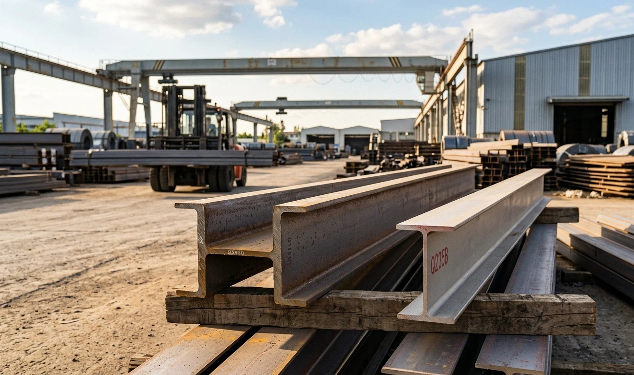 A comparison of Q235B Steel vs Q345 Steel structural H-beams in an industrial steel yard with gantry cranes, illustrating the yield strength differences for engineering projects.