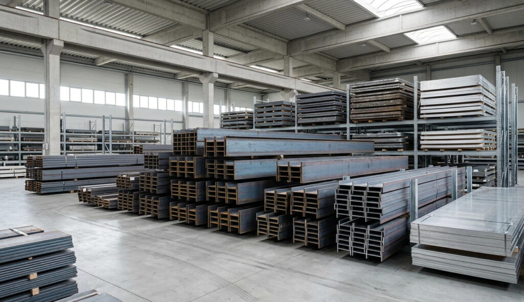 Q235 steel profiles and plates stored in a professional industrial warehouse