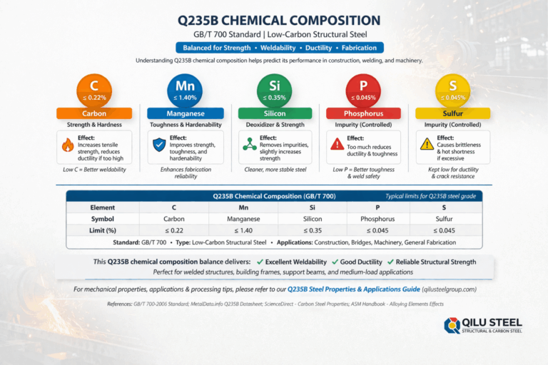 Q235B chemical composition chart showing Carbon, Manganese, Silicon, Phosphorus, and Sulfur percentages for structural steel under GB/T 700 standard
