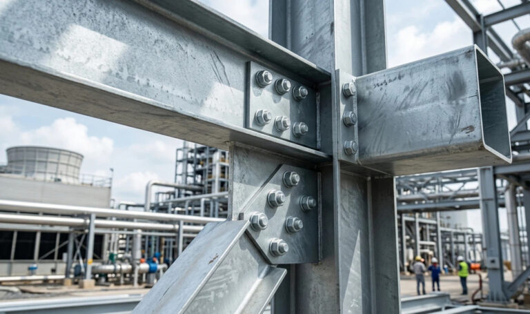 A close-up photograph showcasing a pristine, hot-dip galvanized Q235B steel structural connection, illustrating durability and extended service life to enhance the understanding of Q235B steel lifespan in industrial environments.