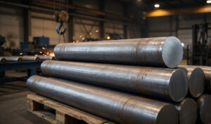 Industrial C45 carbon steel billets stacked in warehouse for international standard comparison.