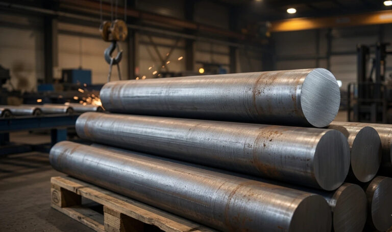Industrial C45 carbon steel billets stacked in warehouse for international standard comparison.