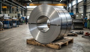 A photorealistic snapshot capturing a massive, tightly wound stainless steel coil resting horizontally on a large wooden pallet within a bustling manufacturing facility. The coil dominates the foreground, secured with three dark steel banding straps, showcasing its reflective metallic surface and tightly packed layers under focused overhead light. The concrete factory floor shows scuffs and equipment marks. Background is softly blurred, revealing other heavy machinery, storage racks, steel materials, overhead cranes, and faint worker figures, creating a busy industrial atmosphere.