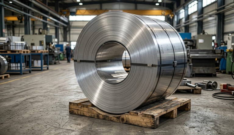 A photorealistic snapshot capturing a massive, tightly wound stainless steel coil resting horizontally on a large wooden pallet within a bustling manufacturing facility. The coil dominates the foreground, secured with three dark steel banding straps, showcasing its reflective metallic surface and tightly packed layers under focused overhead light. The concrete factory floor shows scuffs and equipment marks. Background is softly blurred, revealing other heavy machinery, storage racks, steel materials, overhead cranes, and faint worker figures, creating a busy industrial atmosphere.