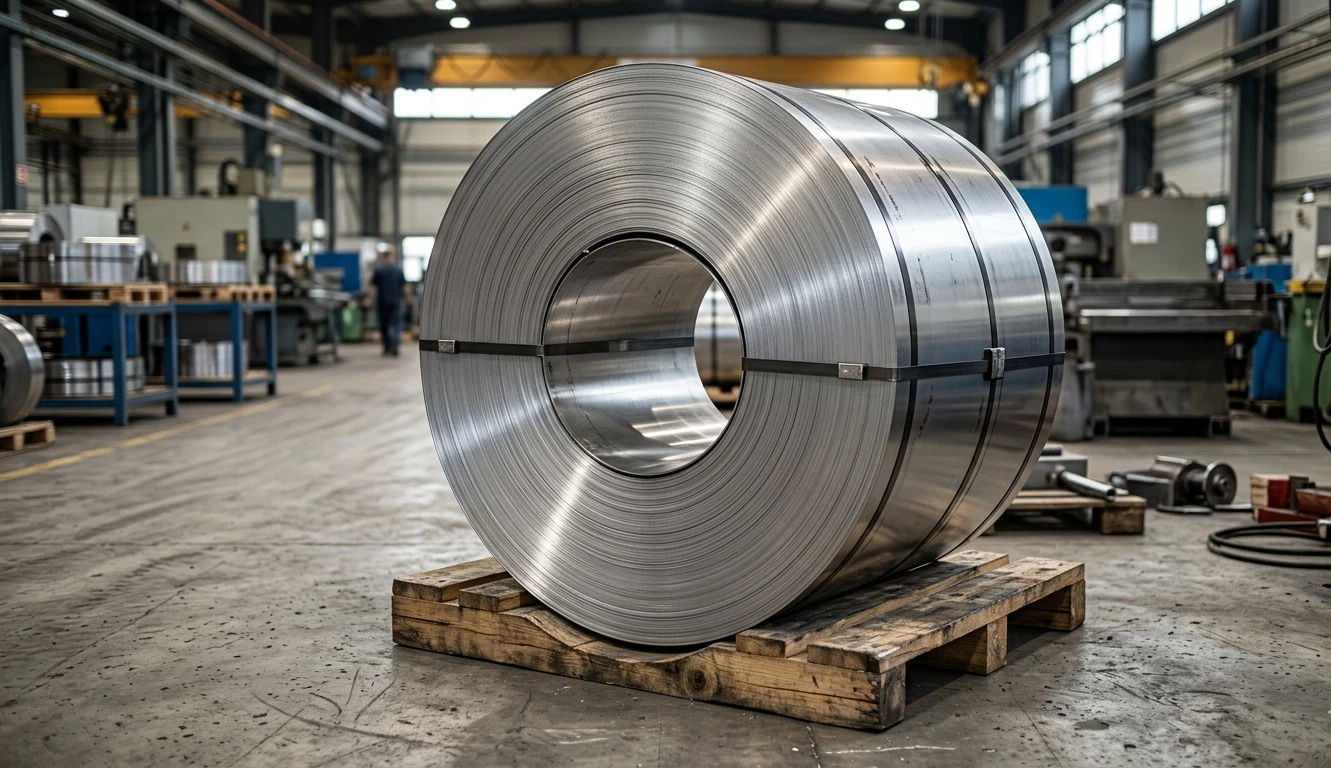 A photorealistic snapshot capturing a massive, tightly wound stainless steel coil resting horizontally on a large wooden pallet within a bustling manufacturing facility. The coil dominates the foreground, secured with three dark steel banding straps, showcasing its reflective metallic surface and tightly packed layers under focused overhead light. The concrete factory floor shows scuffs and equipment marks. Background is softly blurred, revealing other heavy machinery, storage racks, steel materials, overhead cranes, and faint worker figures, creating a busy industrial atmosphere.