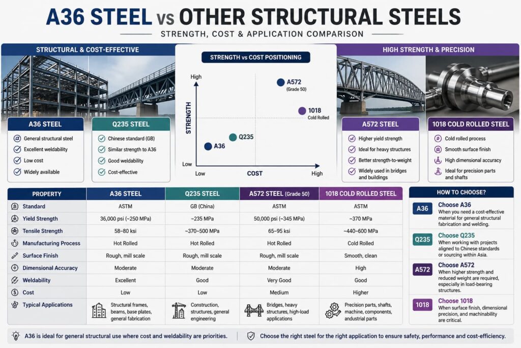 A36 steel comparison chart with A572, Q235 and 1018 cold rolled steel showing strength, cost and application differences