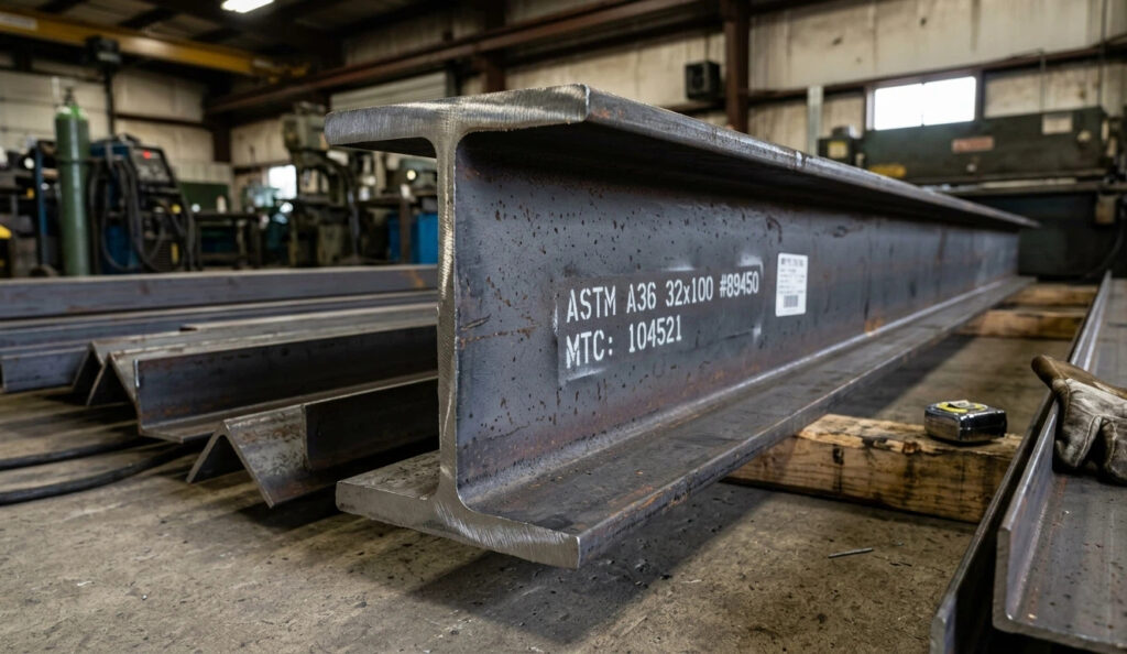 A hyper-realistic photograph of a thick, hot-rolled ASTM A36 Steel I-beam resting in a fabrication workshop, featuring a clean cut edge and subtle mill scale texture with white batch markings. A welder's glove lies nearby on other raw steel profiles.