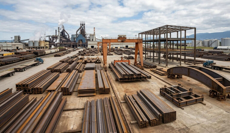 A detailed, hyper-realistic photorealistic diagram of stacked ASTM A36 Steel hot-rolled I-beams and plates in an active heavy industrial stockyard, showcasing the characteristic raw mill scale texture and massive form of the global structural workhorse. No text or logos are present.
